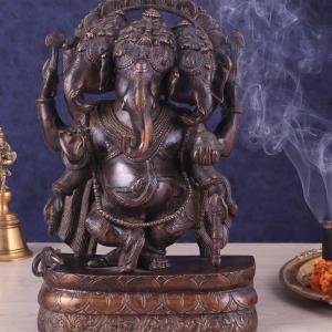 Exquisite Vintage Brass Trimukha Ganapati Sculpture - 12" Three-Faced Lord Ganesha